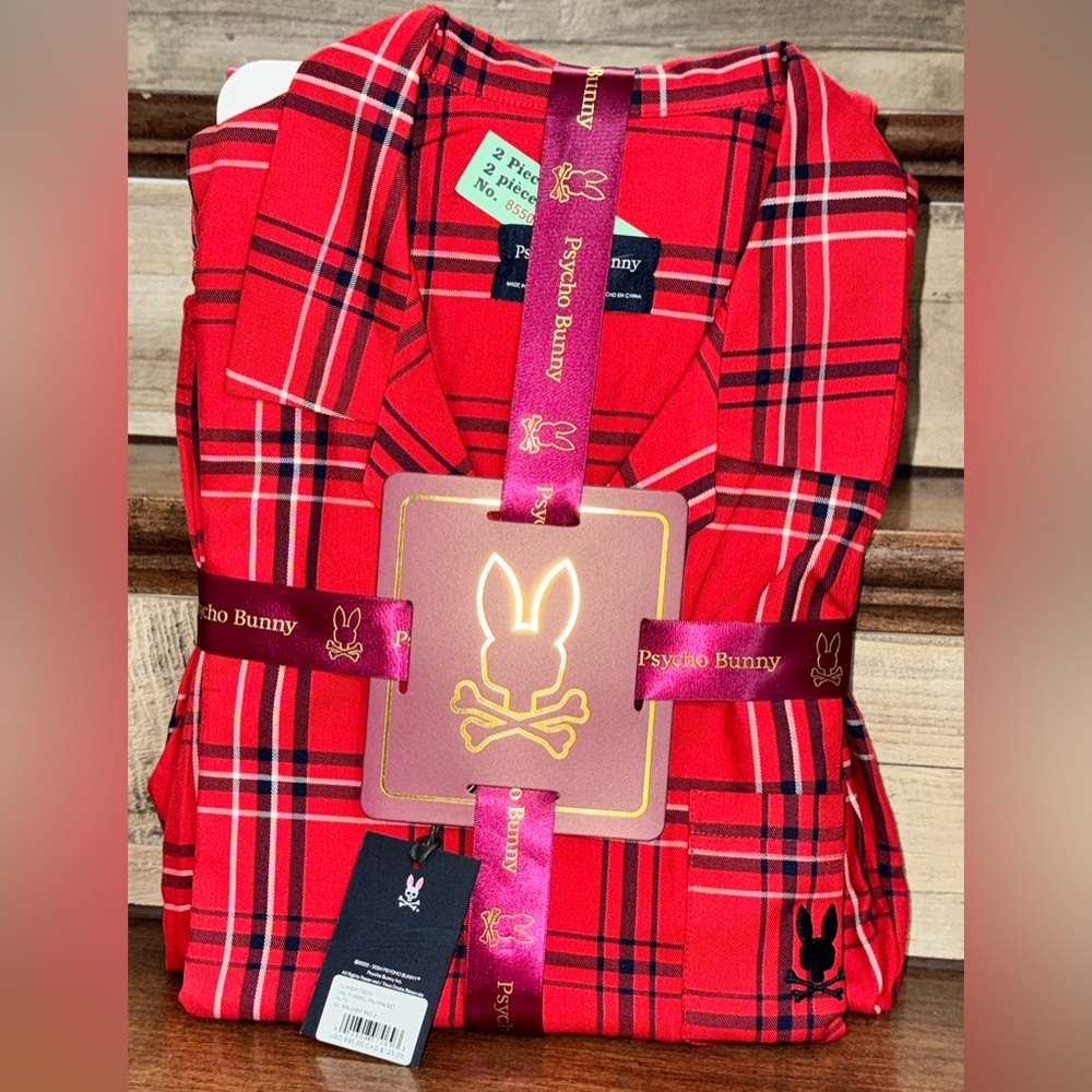 🥰 PSYCHO BUNNY Men's Plaid Red Val Flannel Classic Holidays 2Pc Pajama Set XL